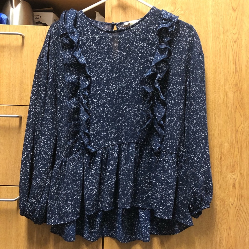 H&M Navy White Speck Ruffle Blouse Size 2